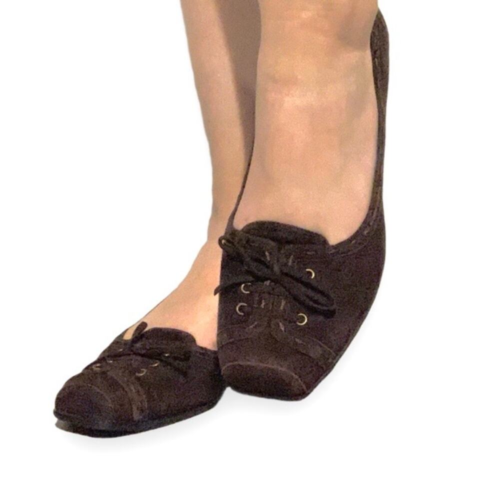 Y2K Brown Suede Square Toe Lace-Up Ballet Kitten Heels Size 8.5